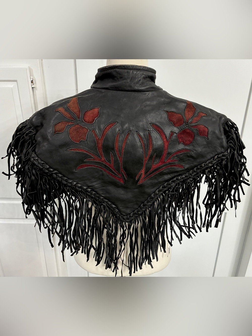 Whimsigoth Biker Goth Leather Cape Black w/ Red Inlay Design Fringe Witchy
